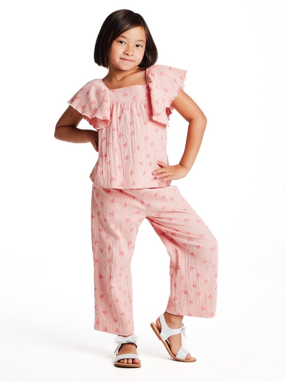 Andy & Evan Girls summer Knit Seersucker Top & Pant Set |pink bow Print 6X